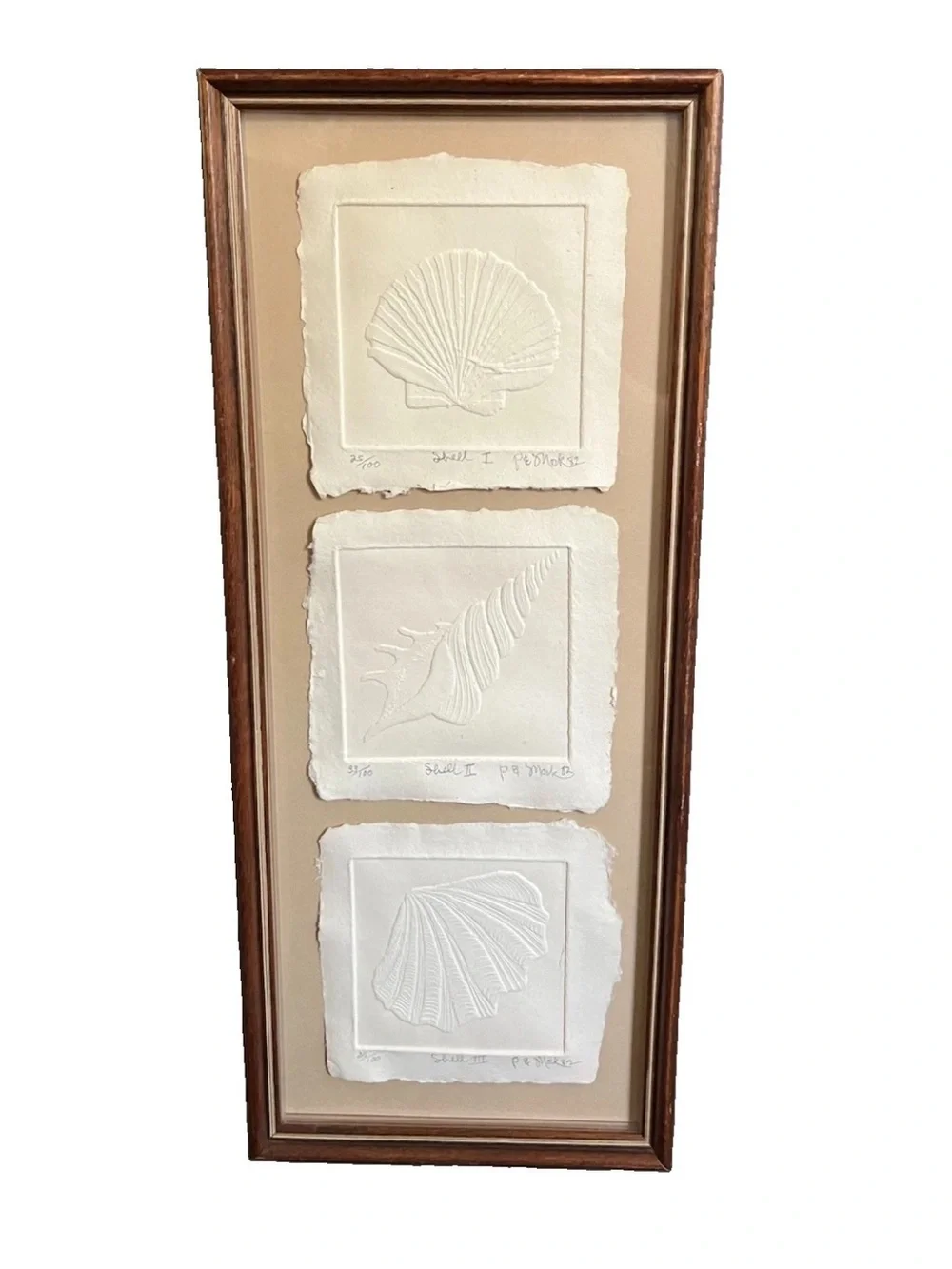 Vtg Embossed Shell Artwork Set of 3 Signed Numbered Frame Rare 1982 Costal Decor